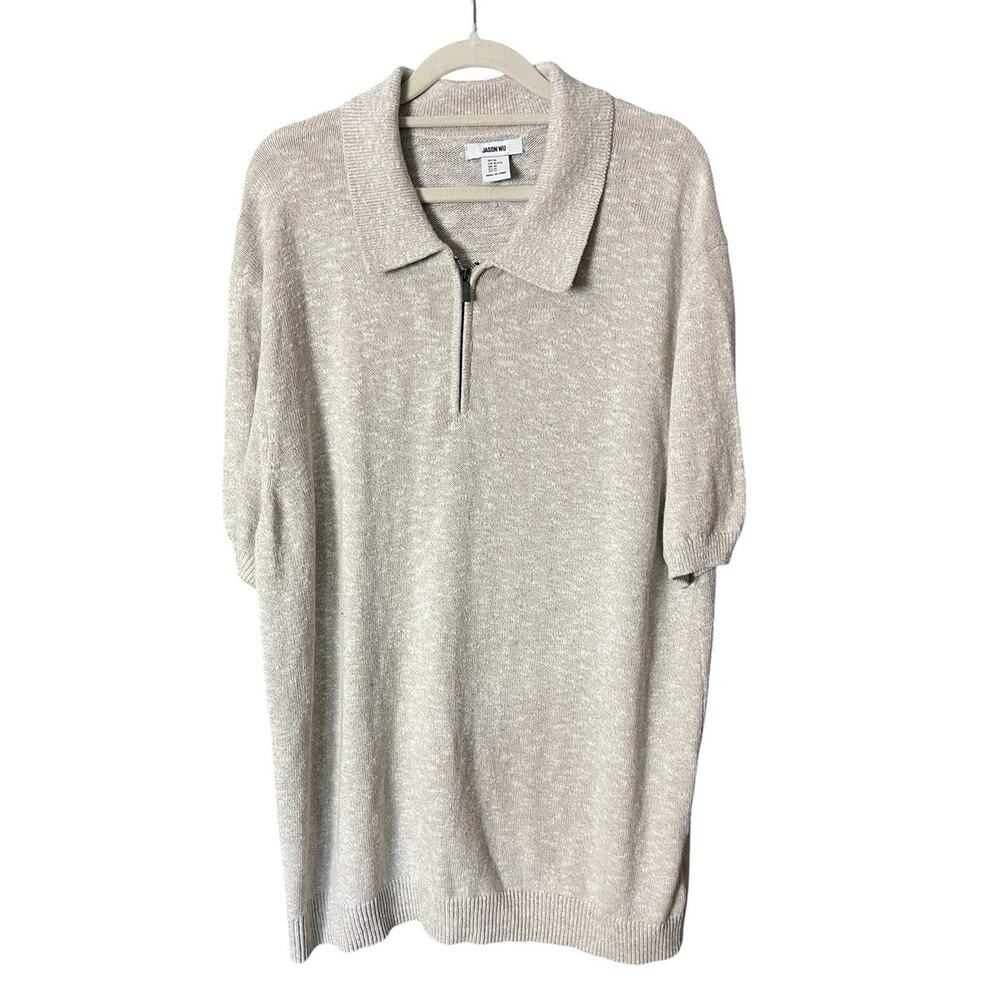 Jason Wu Linen Blend Pullover Sweater XL Collared Quarter Zip Short Sleeve